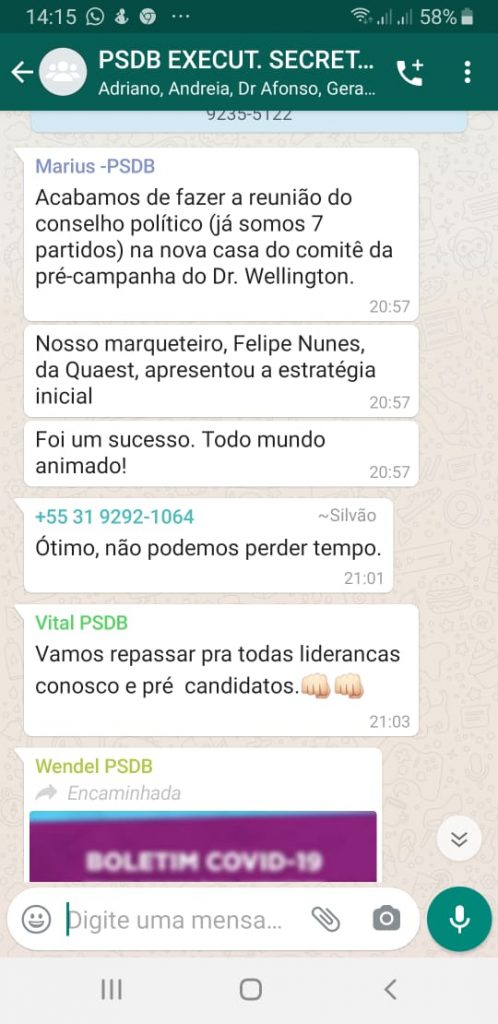 Print de grupo de whatsapp do PSDB Contagem revela articulação em torno da candidatura do substituto de Alex de Freitas