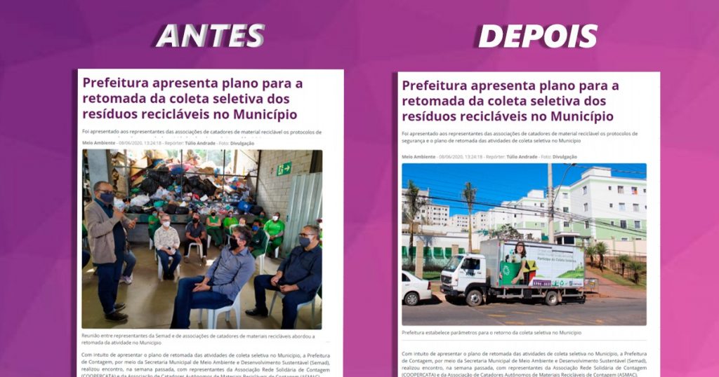 Comparativo mostra a matéria do site da Prefeitura de Contagem antes e depois da substituição da fotografia com o pré-candidato do governo