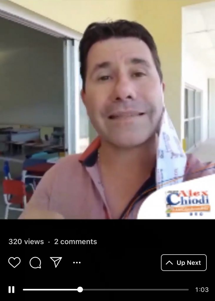 Alex Chiodi começa a gravar vídeos criticando diretamente o governo Alex de Freitas (print de vídeo publicado no Instagram do vereador em 26/06/2020)