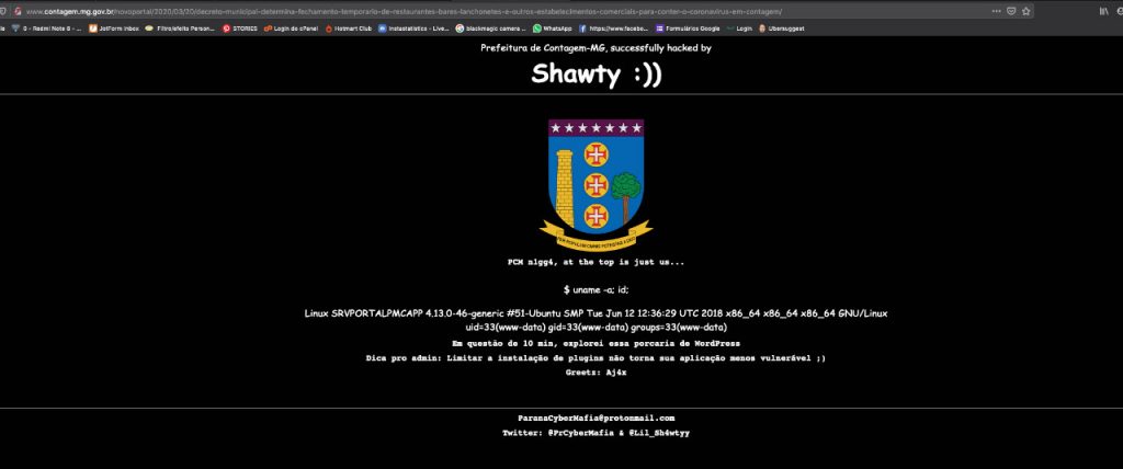 Print do momento em que o site da Prefeitura de Contagem continha as mensagens deixadas pelo hacker, dia 29/06/2020 (imagem enviada por um leitor do Jornal Viva Voz)